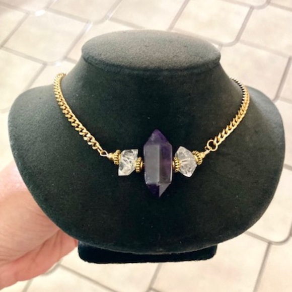 Genuine double point amethyst crystal & herkimer diamonds gold boho necklace - Picture 5 of 11